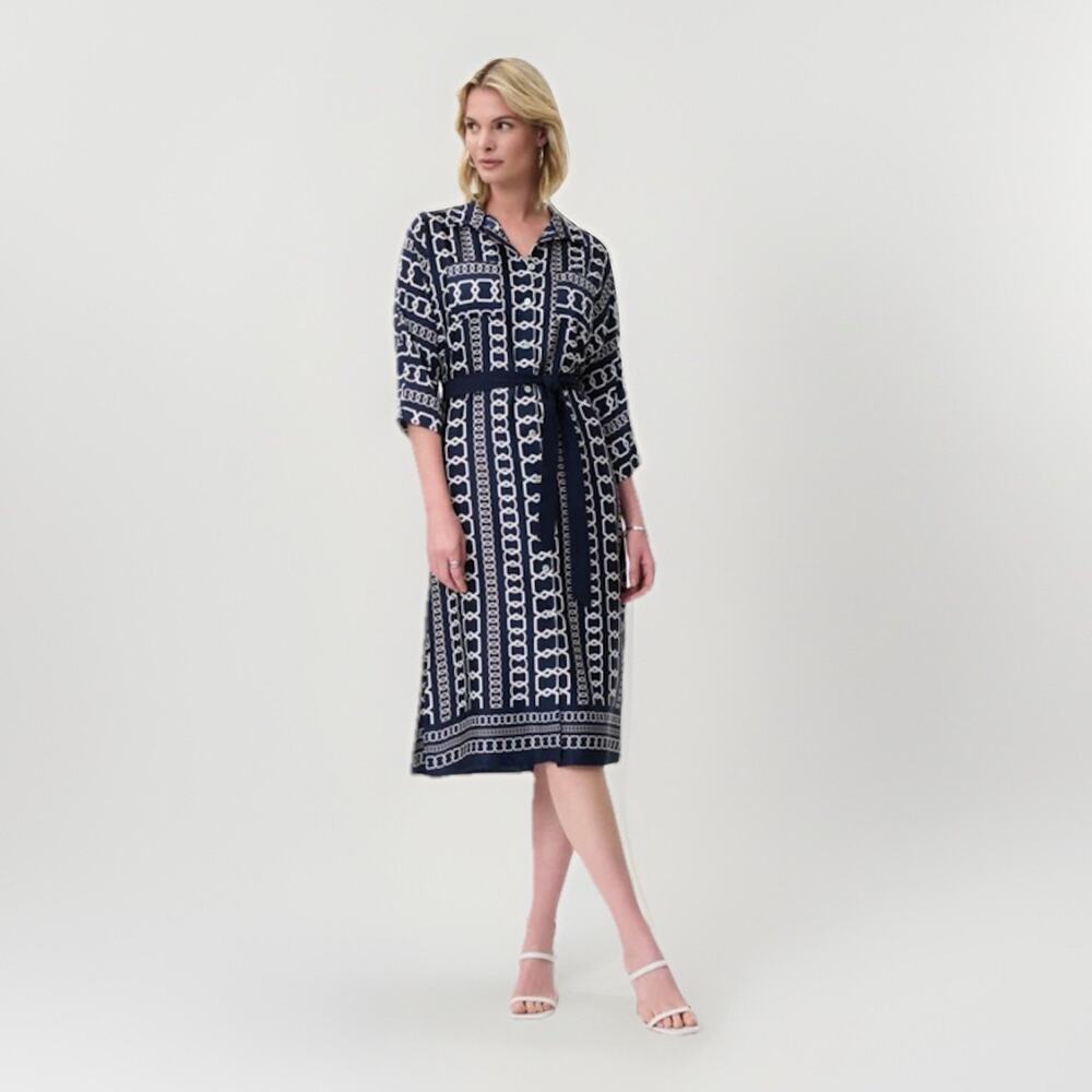 Joseph Ribkoff Chain Print Shirt Dress Size 16 Midi Belted Waist Blue Business